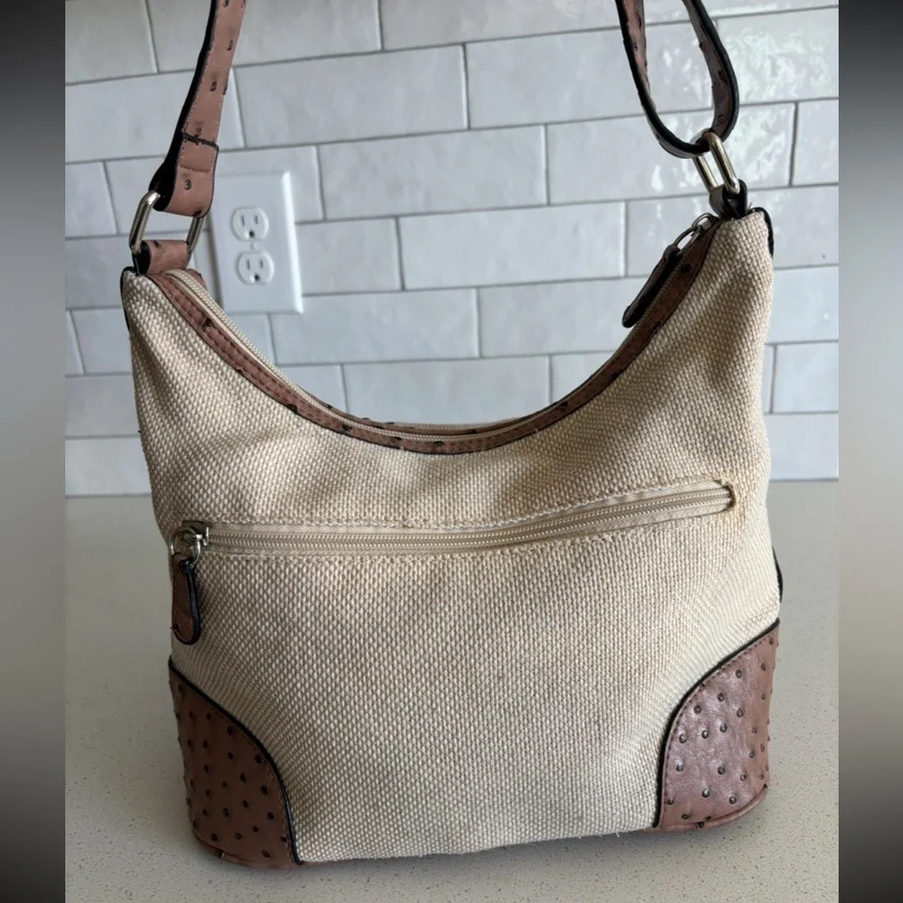 Giani Bernini Embossed Vegan Ostrich Leather Canvas Hobo Shoulder Bag Purse Tan